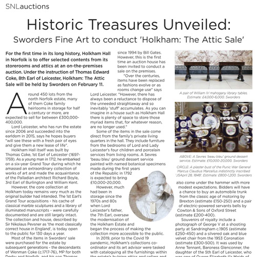 Historic Treasures Unveiled: Sworders Fine Art to conduct 'Holkham: The Attic Sale'